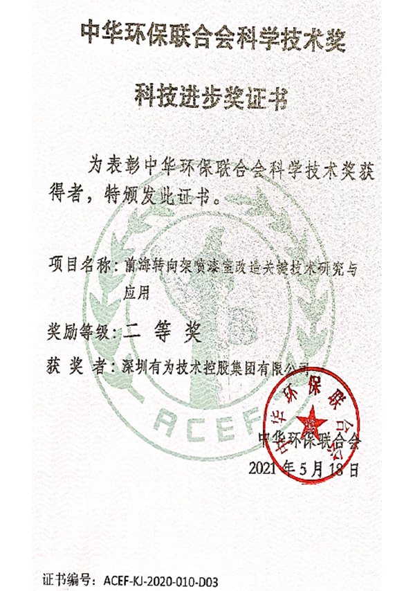 中华环保联合会科学手艺奖 科技前进奖证书